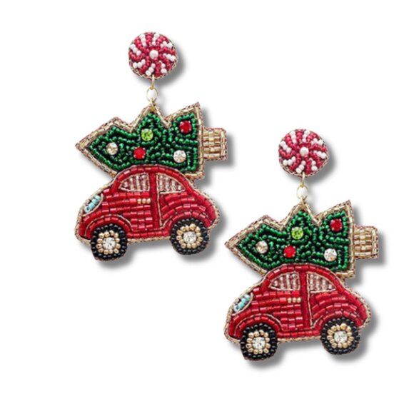 HOLIDAY GIFT BUNDLE - 2 Pairs Christmas Tree Car Ride Earrings - Beaded - NEW - Picture 5 of 5